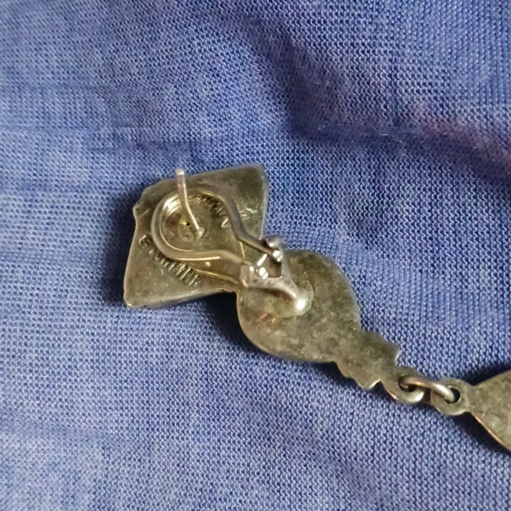 Lapiz and Silver Signed VTG Earrings.